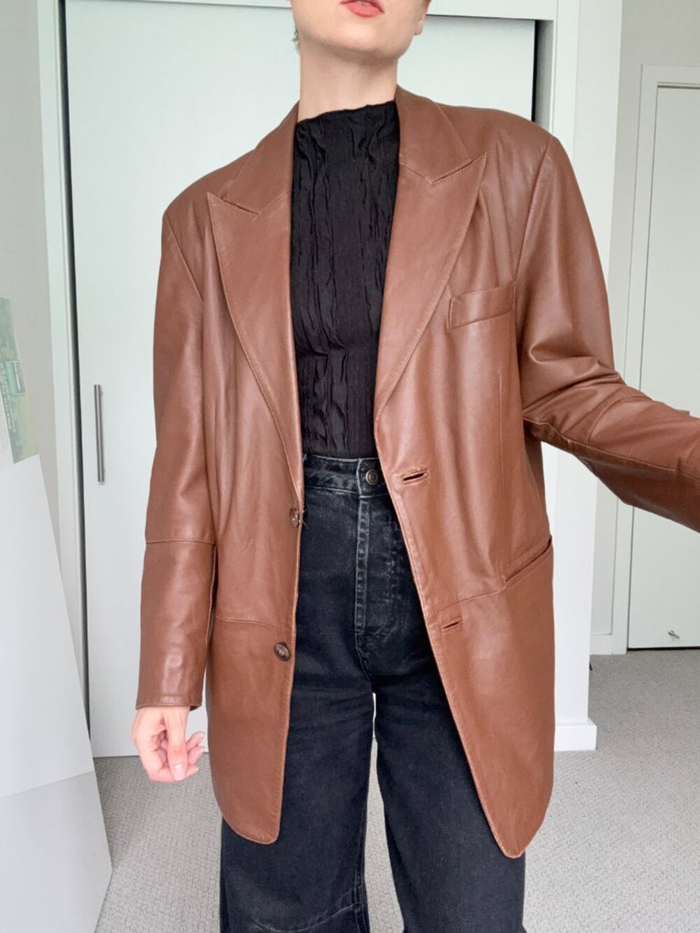 Vintage Genuine Leather Brown Blazer Jacket Women's